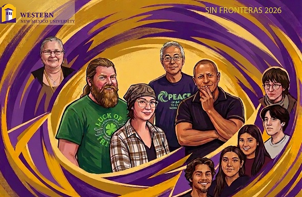 Colorful illustrated artwork featuring students and instructors participating in Western New Mexico University's Sin Fronteras Creative Writing Project, surrounded by swirling purple and gold designs.