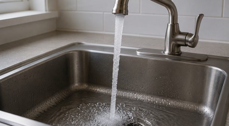 Water flowing from a kitchen faucet into a stainless-steel sink.