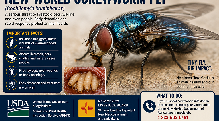 Illustration of a New World screwworm fly and larvae