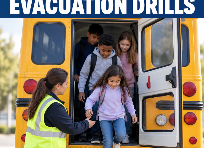 Students practice exiting through the rear emergency door of a school bus during a supervised evacuation drill.