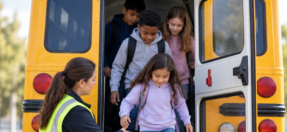 Students practice exiting through the rear emergency door of a school bus during a supervised evacuation drill.