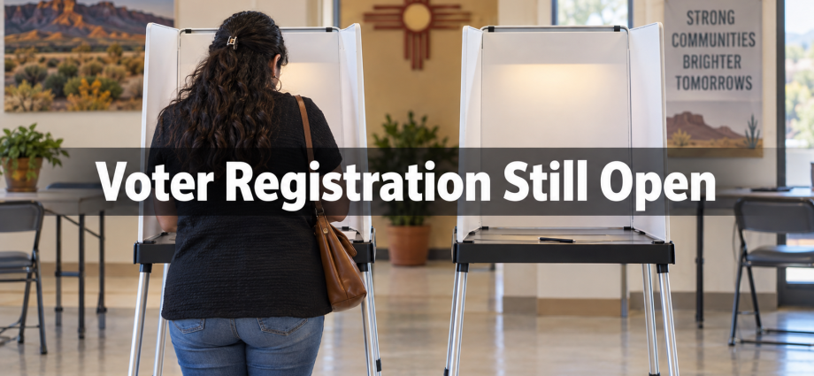 Hispanic woman voting at a polling-place booth beside an empty voting booth. Illustration.