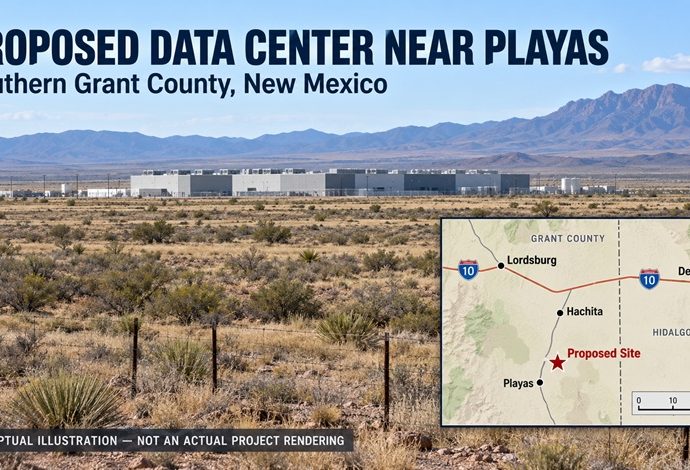 Conceptual illustration of a proposed data center near Playas, New Mexico, with a regional location map.
