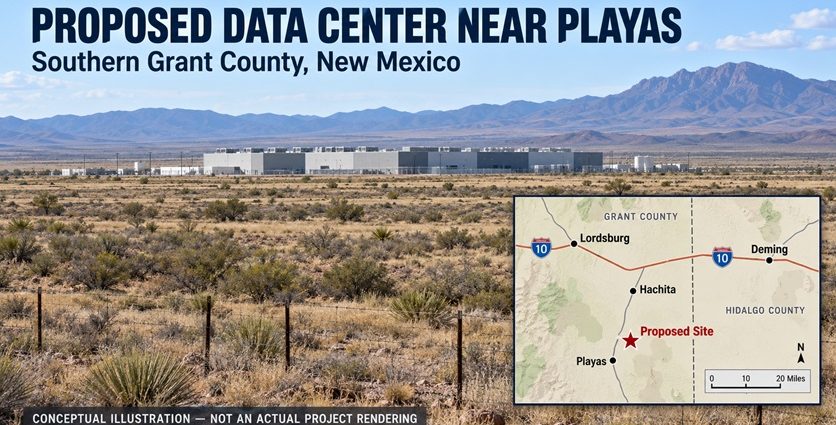 Conceptual illustration of a proposed data center near Playas, New Mexico, with a regional location map.