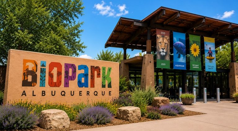 Illustration of the Albuquerque BioPark entrance highlighting ongoing improvements at the Zoo, Aquarium, Botanic Garden and Tingley Beach.