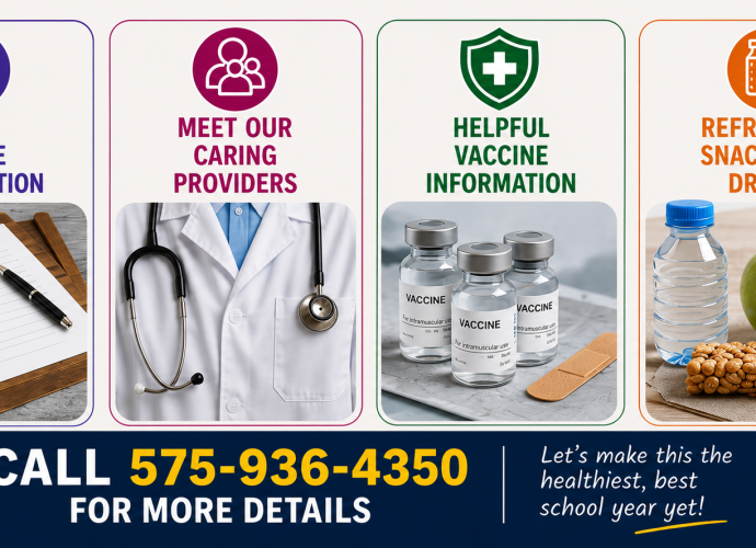 Graphic promoting a back-to-school health event featuring onsite registration, healthcare providers, vaccine information, refreshments, and a contact phone number.