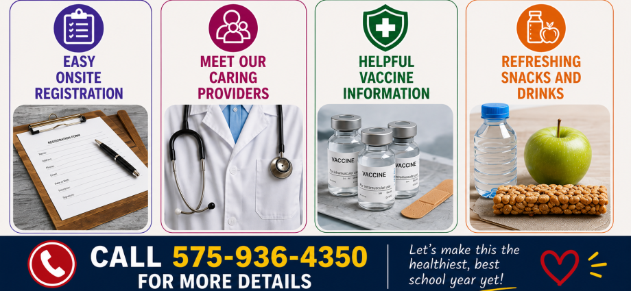 Graphic promoting a back-to-school health event featuring onsite registration, healthcare providers, vaccine information, refreshments, and a contact phone number.