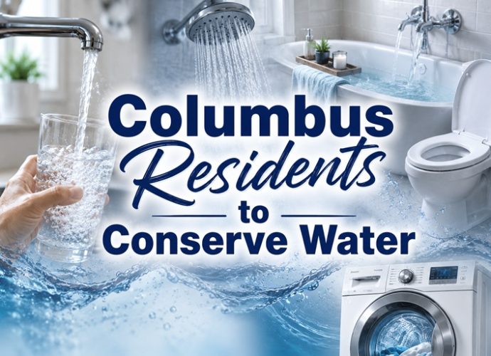 Blended image showing household water use, including a kitchen faucet, shower, bathtub, toilet, and washing machine, with a message encouraging Columbus residents to conserve water.