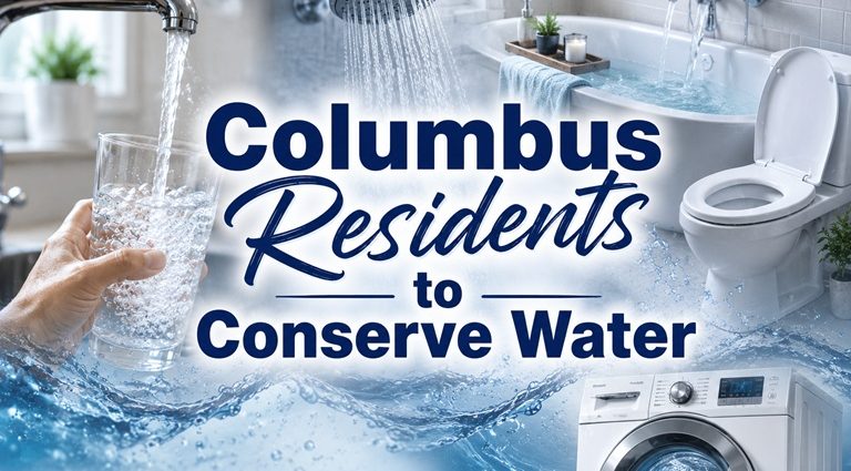 Blended image showing household water use, including a kitchen faucet, shower, bathtub, toilet, and washing machine, with a message encouraging Columbus residents to conserve water.