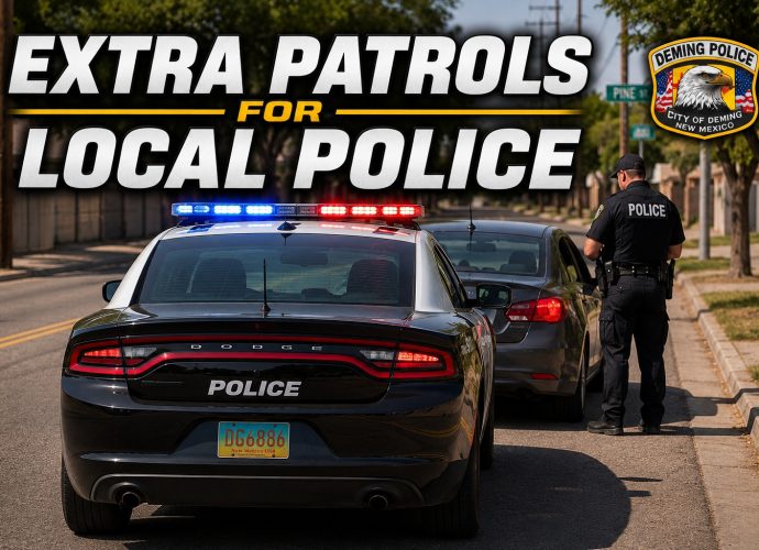 Deming Police officer conducts a traffic stop during an enhanced summer traffic enforcement campaign on a city street.