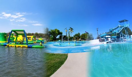 A blended image shows Deming water attractions, including an inflatable water park, a splash pad and a swimming pool with water slides.