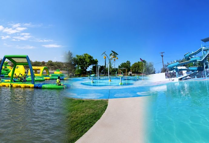 A blended image shows Deming water attractions, including an inflatable water park, a splash pad and a swimming pool with water slides.
