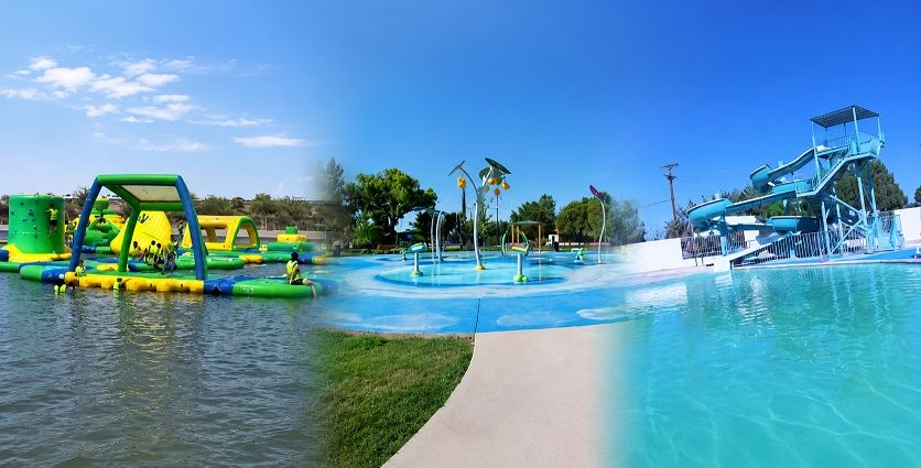 A blended image shows Deming water attractions, including an inflatable water park, a splash pad and a swimming pool with water slides.