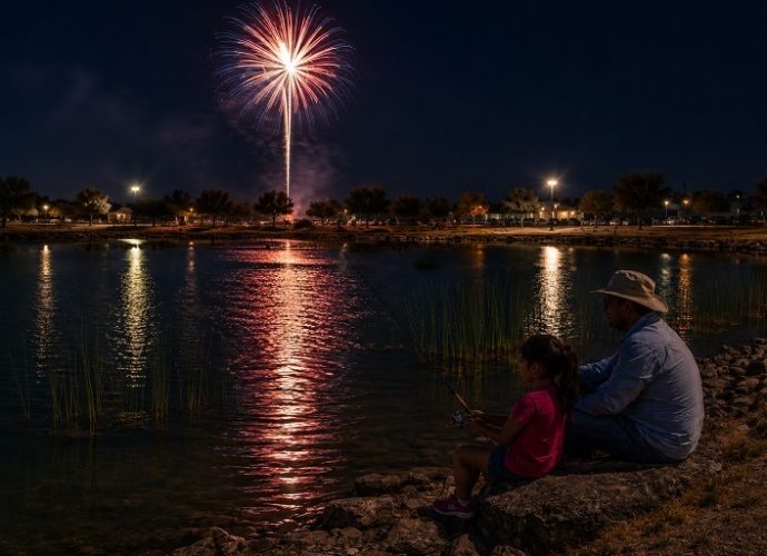 Fireworks reflect across Trees Lake during the City of Deming Fourth of July celebration.