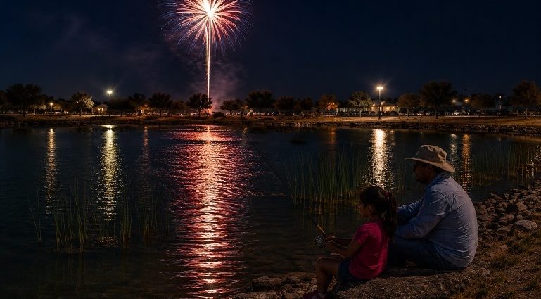 Fireworks reflect across Trees Lake during the City of Deming Fourth of July celebration.