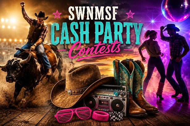 SWNMSF Cash Party contests featuring mechanical bull riding, Best Dressed 80s Western Wear, and dance competitions.