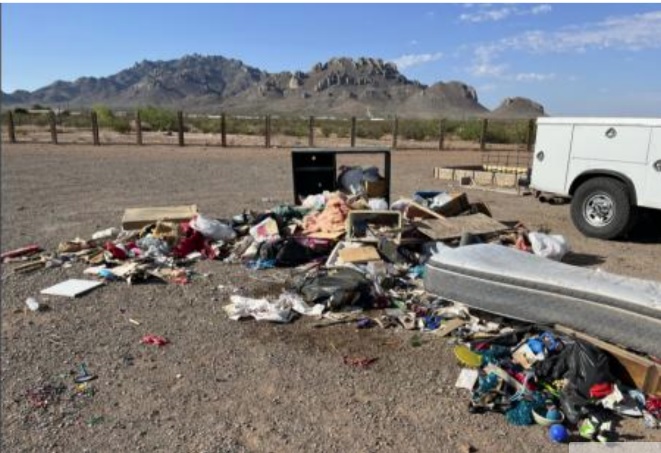 Illegal dumping discovered on Stirrup Road SE in Luna County on June 8, 2026.