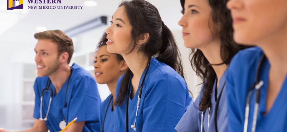 Western New Mexico University nursing students in blue scrubs participating in healthcare training and classroom instruction.