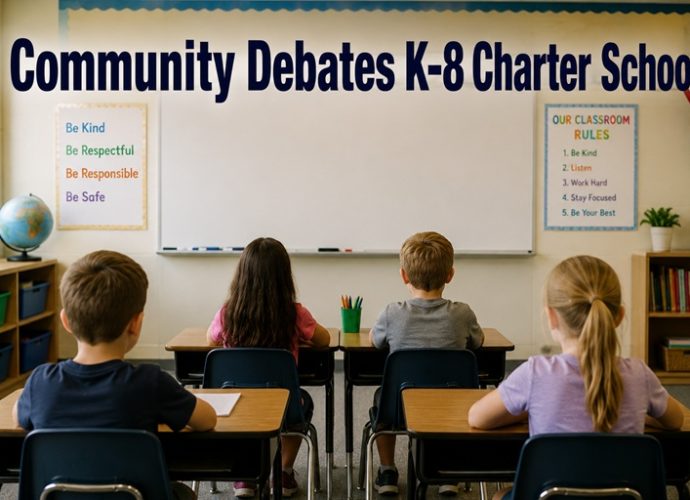 Illustration of a small elementary classroom with students viewed from behind and the words "Community Debates K-8 Charter School" displayed at the front of the classroom.