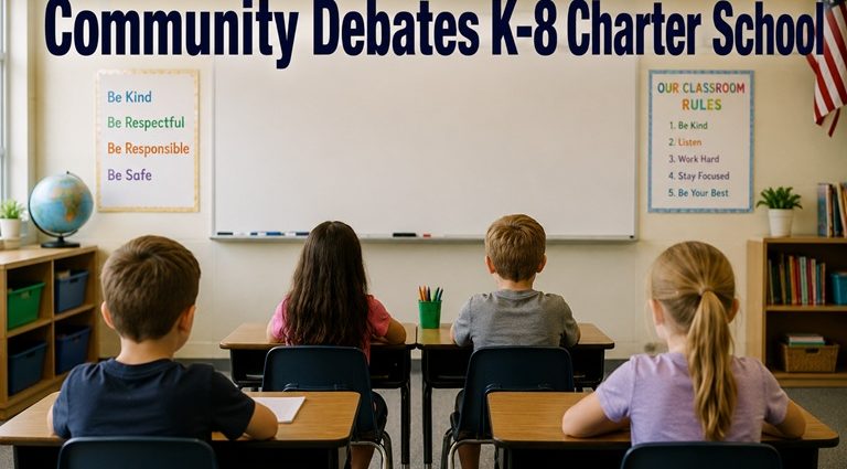 Illustration of a small elementary classroom with students viewed from behind and the words "Community Debates K-8 Charter School" displayed at the front of the classroom.