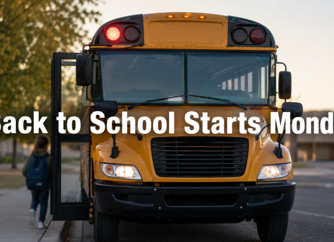 Yellow school bus with one red warning light flashing as a blurred child boards; text reads “Back to School Starts Monday.”