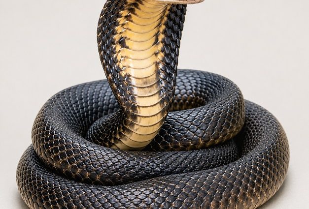 Illustration of a coiled venomous cobra representing exotic snakes seized during an Albuquerque federal drug raid.