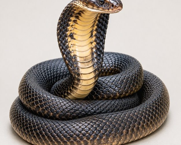 Illustration of a coiled venomous cobra representing exotic snakes seized during an Albuquerque federal drug raid.