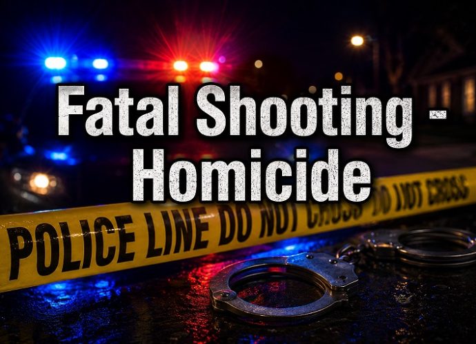 Police tape, flashing emergency lights, and handcuffs representing a fatal homicide investigation in Luna County.