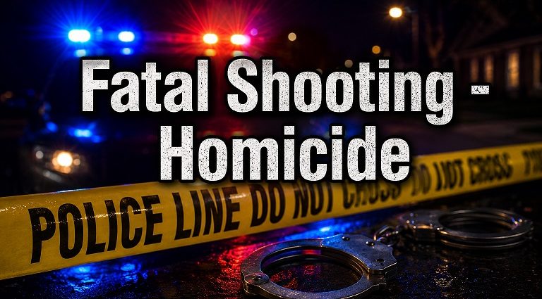 Police tape, flashing emergency lights, and handcuffs representing a fatal homicide investigation in Luna County.
