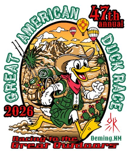 Official logo for the 47th Annual Great American Duck Race in Deming, New Mexico, featuring the 2026 theme "Racing to the Great Outdoors."