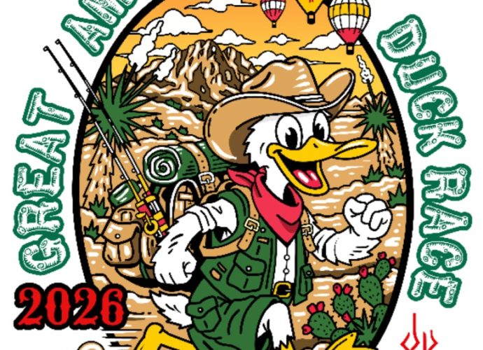 Official logo for the 47th Annual Great American Duck Race in Deming, New Mexico, featuring the 2026 theme "Racing to the Great Outdoors."