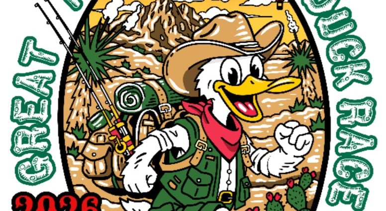 Official logo for the 47th Annual Great American Duck Race in Deming, New Mexico, featuring the 2026 theme "Racing to the Great Outdoors."