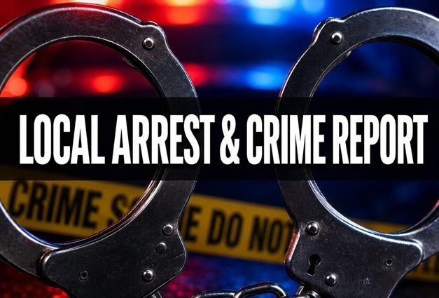 Handcuffs in front of red and blue police lights with the words “Local Arrest & Crime Report.”