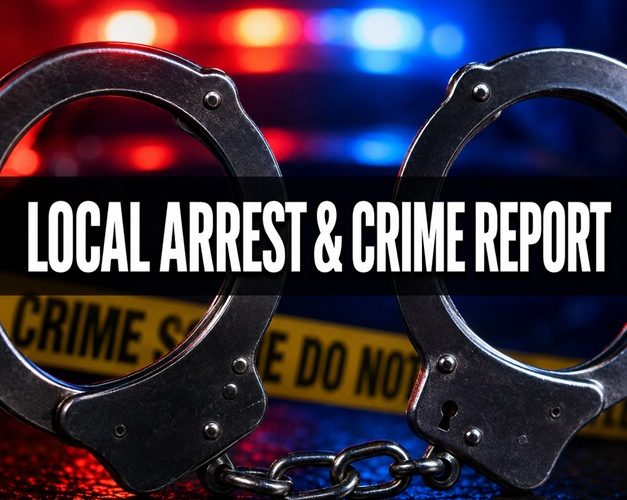 Handcuffs in front of red and blue police lights with the words “Local Arrest & Crime Report.”