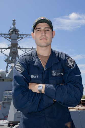 Seaman Adrian Molina of Columbus, New Mexico, aboard the USS Carl M. Levin during RIMPAC 2026 in Hawaii.