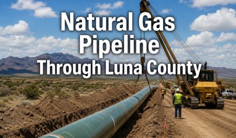 Construction of a large natural gas transmission pipeline across a desert landscape, representing the proposed Desert Southwest Expansion Project that would cross Luna County, New Mexico.