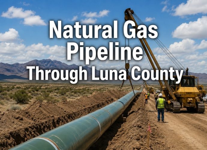 Construction of a large natural gas transmission pipeline across a desert landscape, representing the proposed Desert Southwest Expansion Project that would cross Luna County, New Mexico.