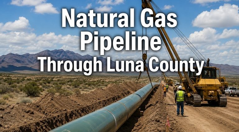 Construction of a large natural gas transmission pipeline across a desert landscape, representing the proposed Desert Southwest Expansion Project that would cross Luna County, New Mexico.