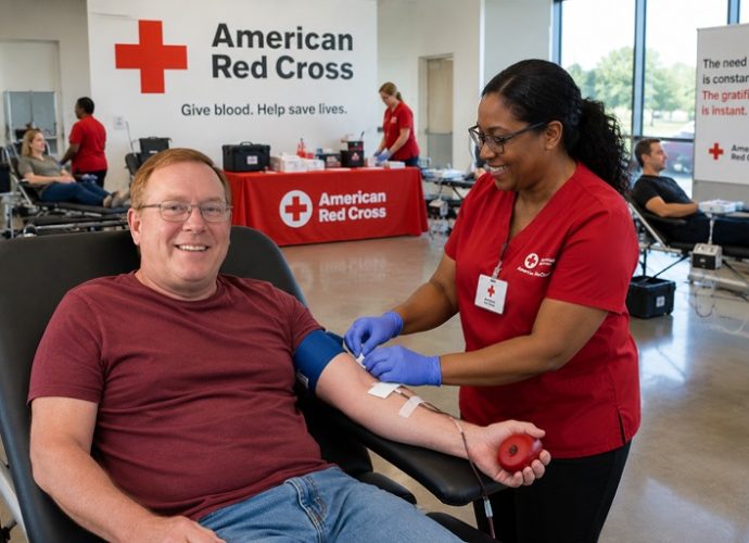 A donor gives blood during an American Red Cross blood drive as medical staff assist in a community donation center.