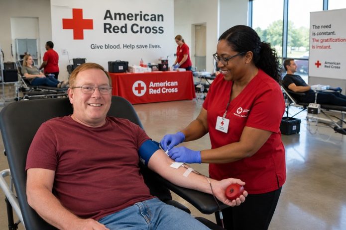 A donor gives blood during an American Red Cross blood drive as medical staff assist in a community donation center.