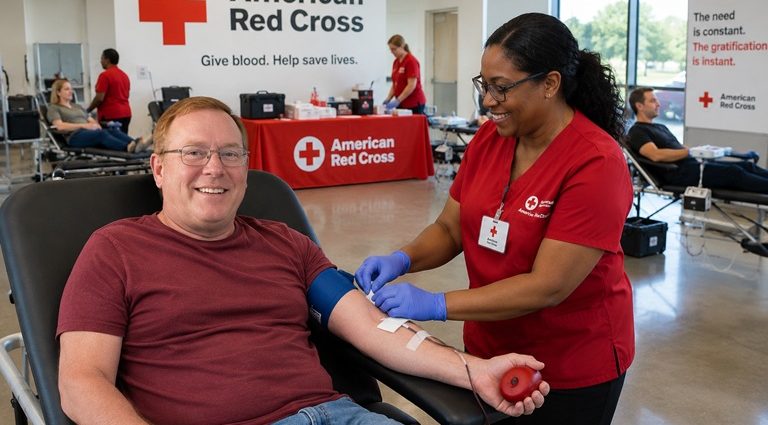 A donor gives blood during an American Red Cross blood drive as medical staff assist in a community donation center.