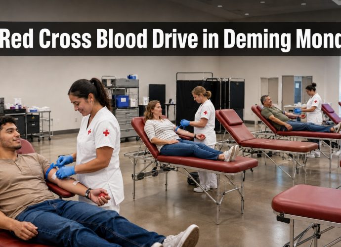 Illustration of American Red Cross nurses assisting blood donors at a community blood drive in Deming