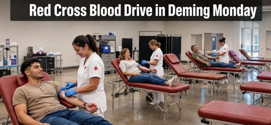 Illustration of American Red Cross nurses assisting blood donors at a community blood drive in Deming