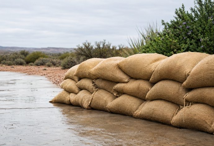 Stacked sandbags along wet pavement in an open Southwest landscape, prepared for flood protection