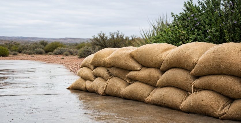 Stacked sandbags along wet pavement in an open Southwest landscape, prepared for flood protection