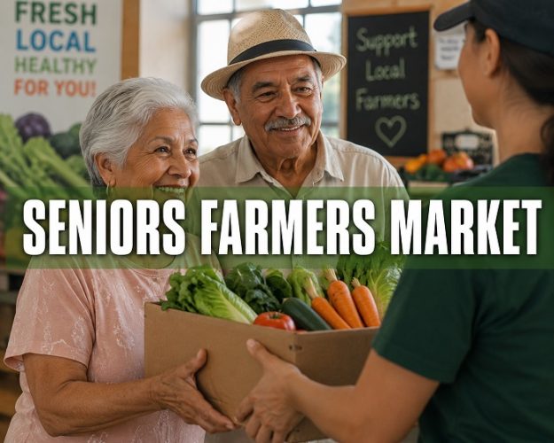 Older couple receiving a box filled with fresh vegetables at a farmers market.