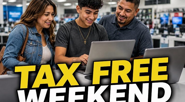 Hispanic family shops for a laptop during New Mexico's Tax Free Weekend at an electronics store before the start of the school year.