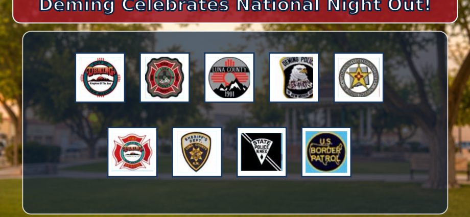 Graphic reading “Deming Celebrates National Night Out!” with participating public-safety agency badges over a blurred park background.