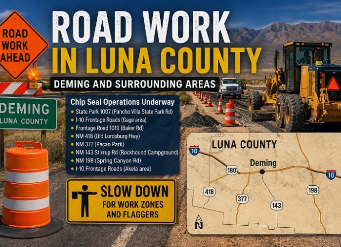 Road construction and chip seal operations underway in Luna County near Deming.