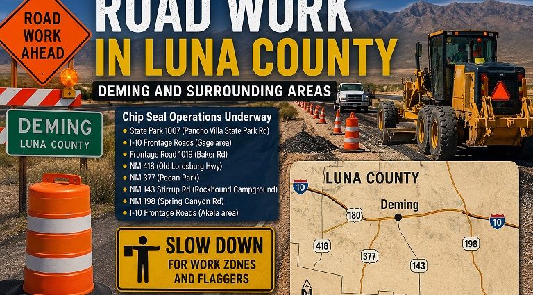 Road construction and chip seal operations underway in Luna County near Deming.